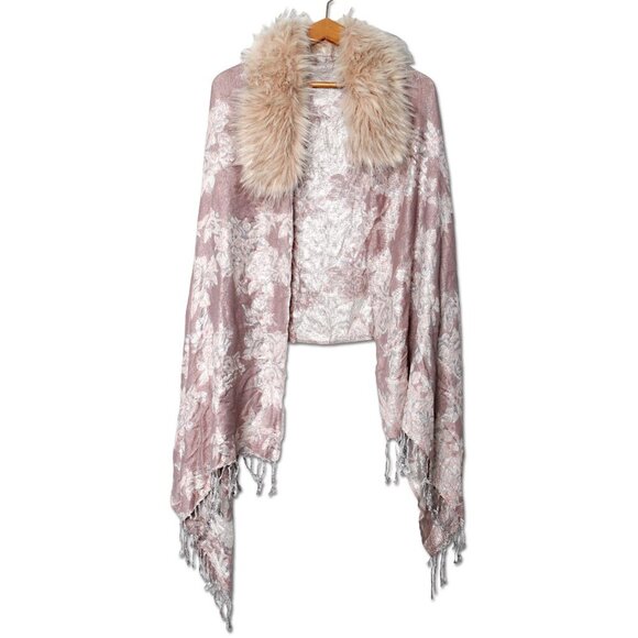 Jessica McClintock Faux Fur Collared Cape Floral Shawl Wrap Waterfall Pink Cream - Picture 4 of 12